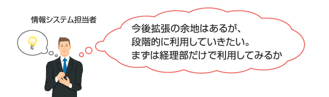 情報システム担当者：ますは経理部だけ導入