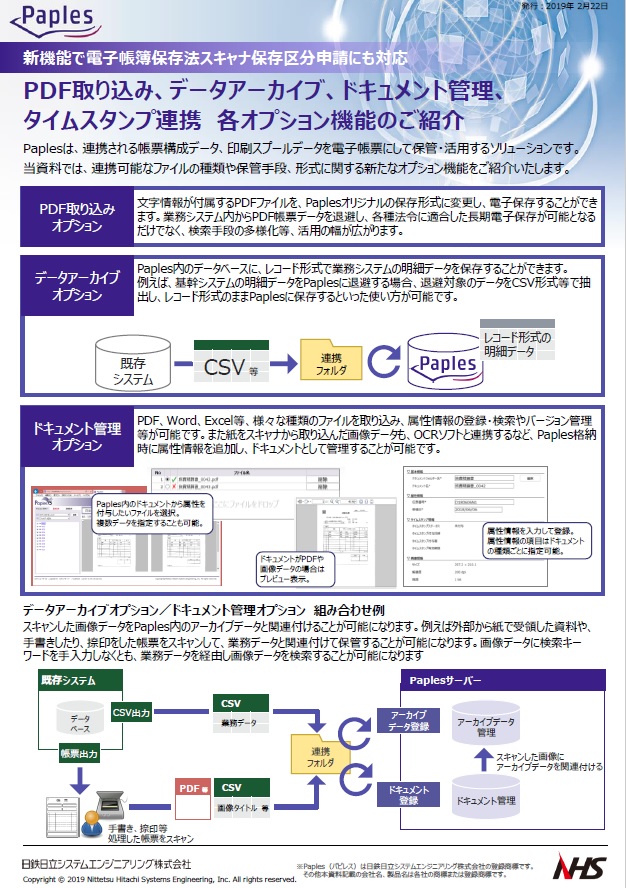 PDF取り込み、データアーカイブ(PaplesDataStore)、ドキュメント管理、タイムスタンプ連携オプションのご案内