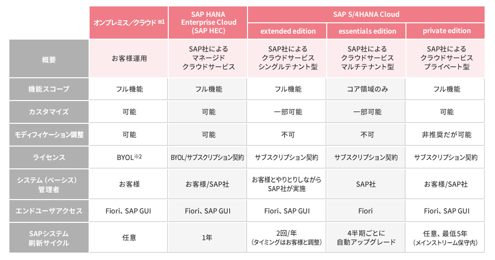 SAP S/4HANA導入オプション一覧